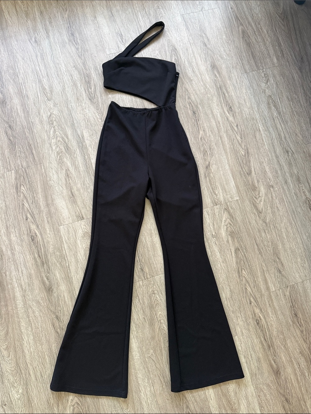 superdown Black One-Shoulder Cutout Flared Jumpsuit